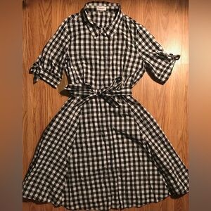 Calvin Klein Black & White Plaid Gingham Dress Size 12 - 3/4 sleeve w Belt